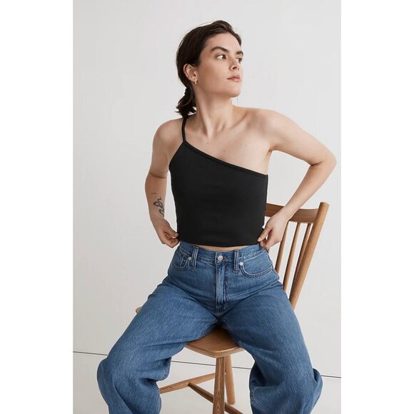 Madewell $35 One Shoulder Crop Tank in Sleekhold Black Size XS NL392 - Picture 1 of 7